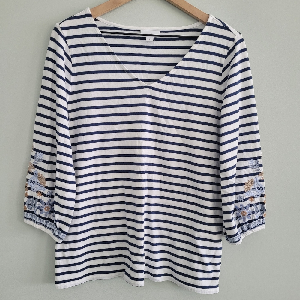 J Jill Top Womens Size Small 3/4 Sleeve Blue White Striped Embroidery Shirt